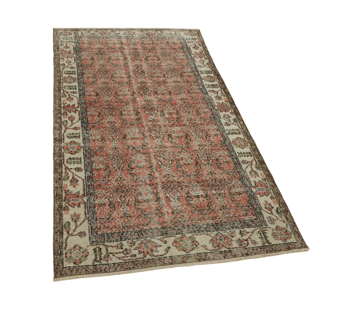 Tavik Kırmızı Bej Çiçekli Klasik Eskitme El Dokuma Halı 108x198 cm – genel görünüm