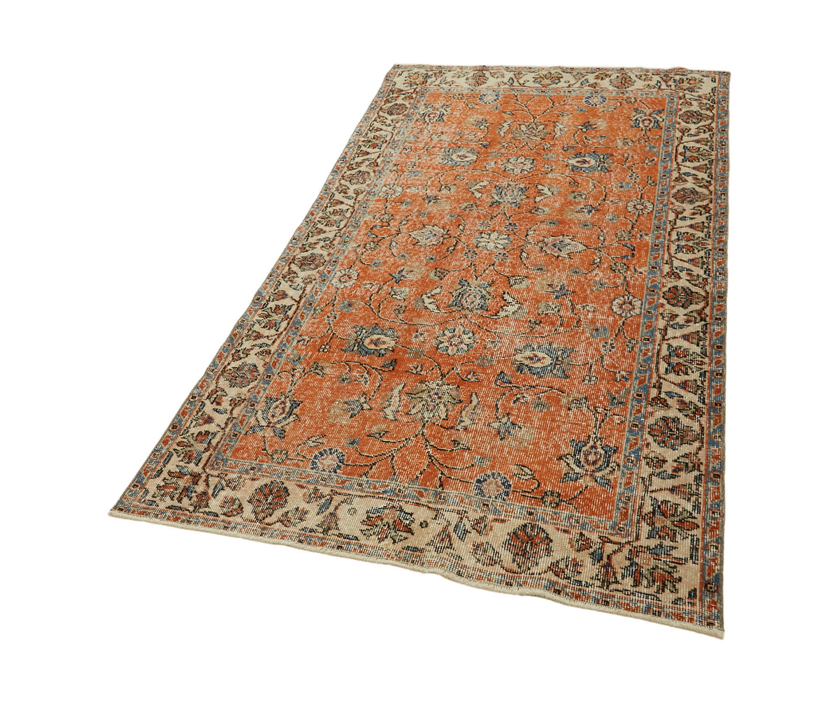 Tavik Turuncu Çiçek Desenli Yün Eskitme Vintage Halı, 117x206 cm – doku yakın çekim