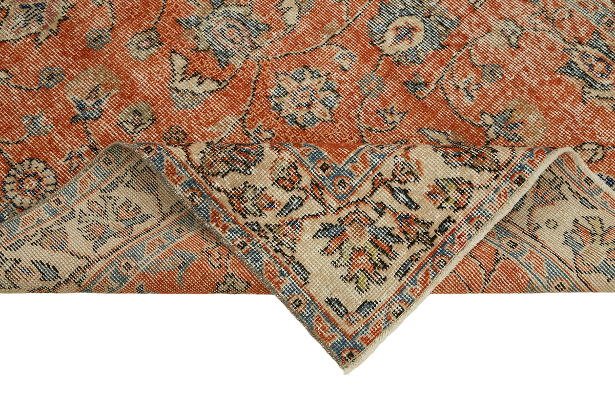 Tavik Turuncu Çiçek Desenli Yün Eskitme Vintage Halı, 117x206 cm – kenar detayı