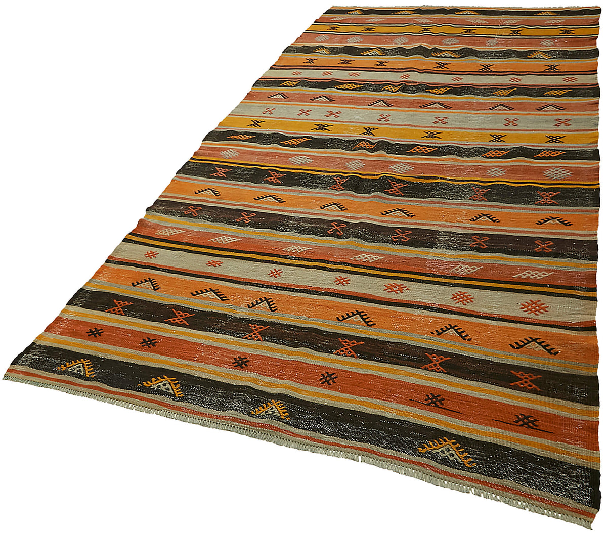 Kavro Turuncu Siyah Geometrik Desenli Yün Kilim 174x301 cm – doku yakın çekim