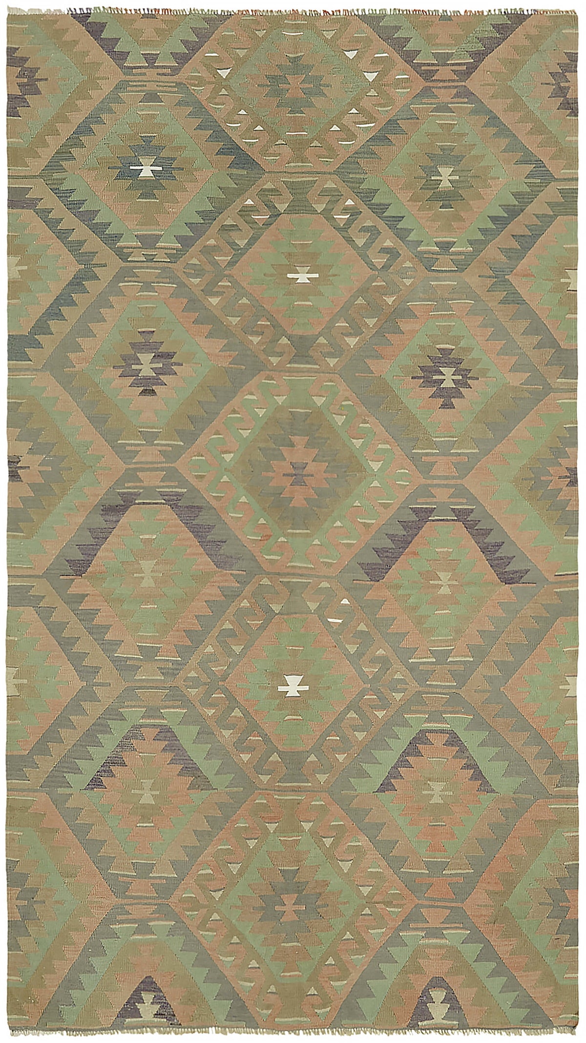 Kavro Yeşil Kahverengi Baklava Desenli Geometrik El Dokuma Kilim 183x322 cm