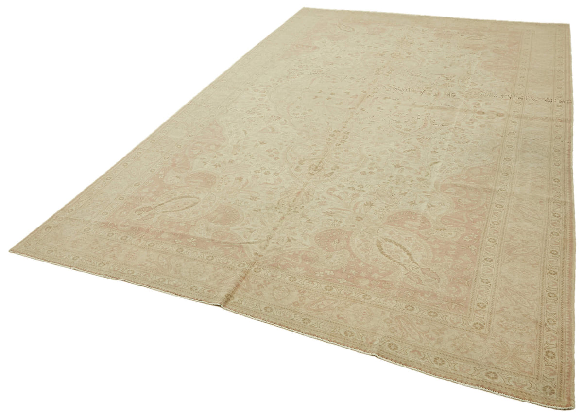 Rusvo Madalyon Desenli Bej Pembe Vintage El Dokuma Halı 254x397 cm – doku yakın çekim