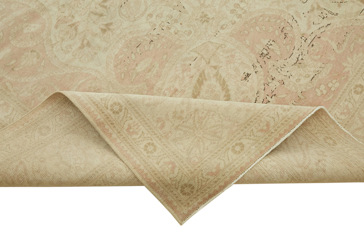 Rusvo Madalyon Desenli Bej Pembe Vintage El Dokuma Halı 254x397 cm – kenar detayı