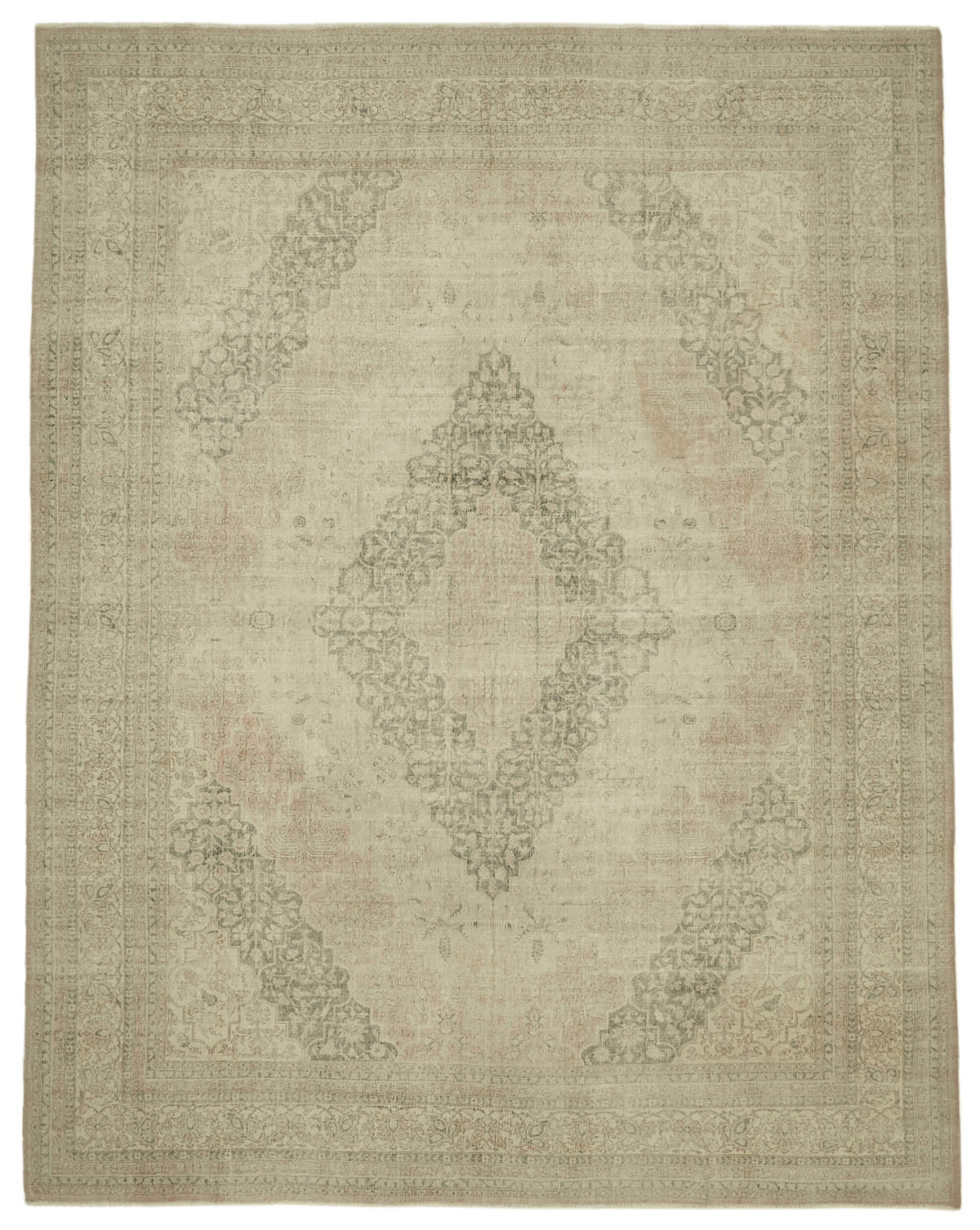 Rusvo Bej Gri Eskitme Madalyon Desenli El Dokuma Halı 301x393 cm