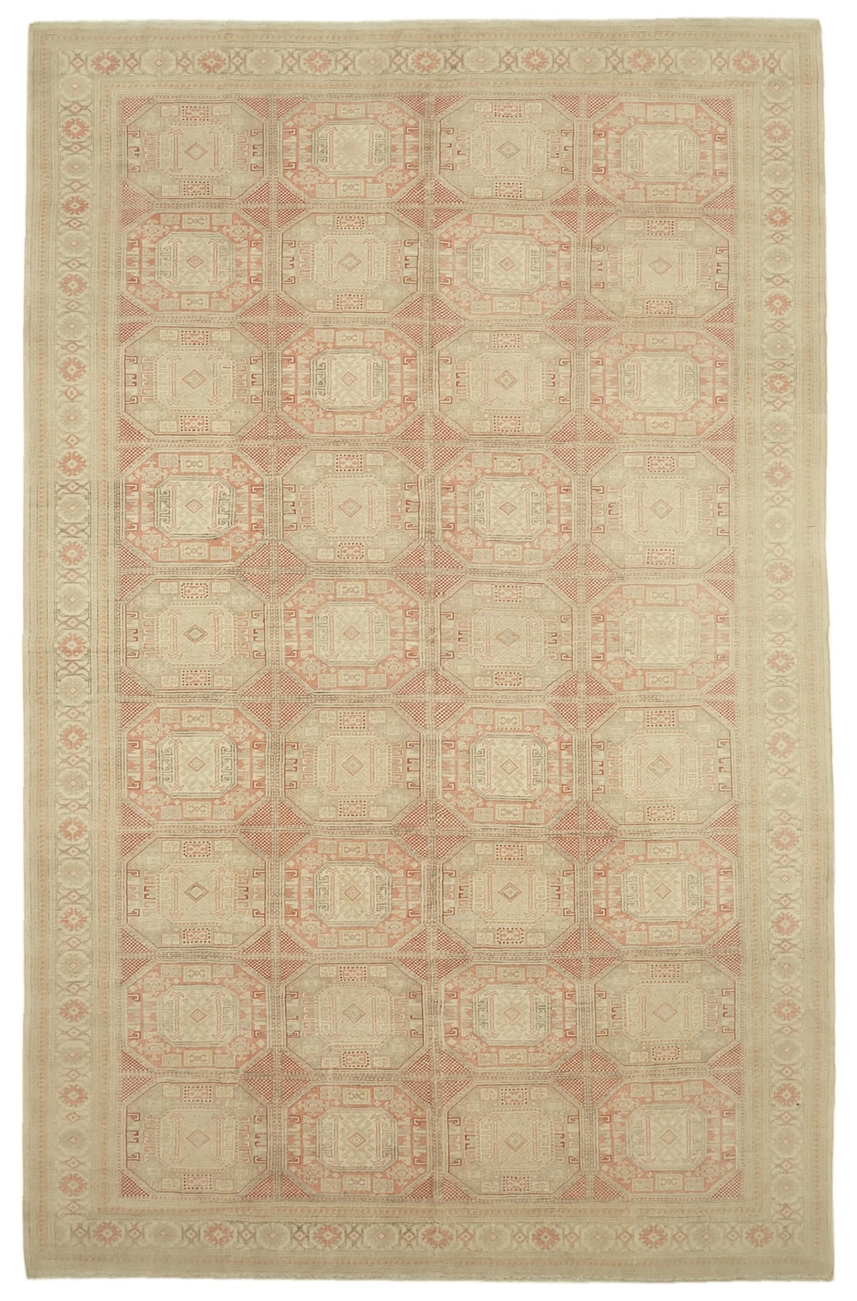 Rusvo Bej Pembe Geometrik Desenli Yün Vintage Halı 243x380 cm