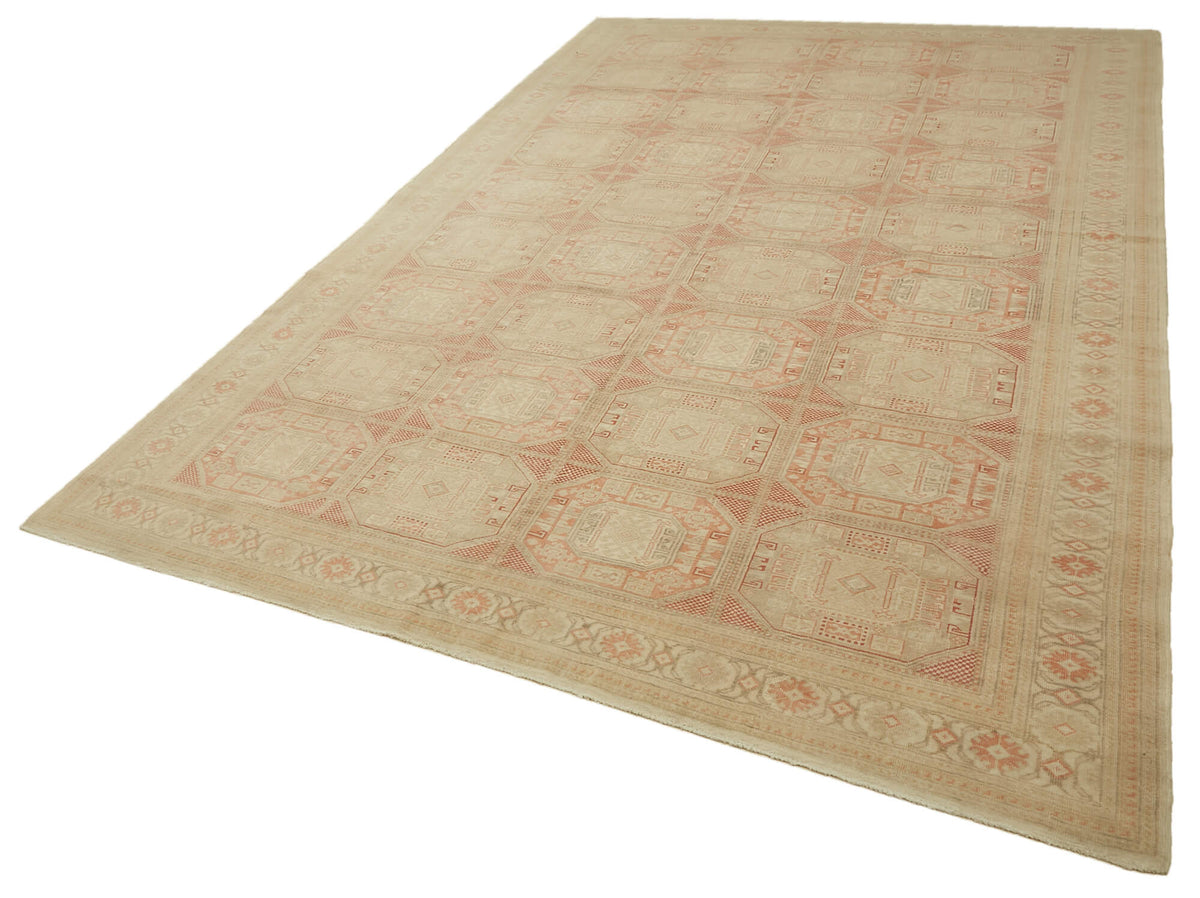 Rusvo Bej Pembe Geometrik Desenli Yün Vintage Halı 243x380 cm – doku yakın çekim
