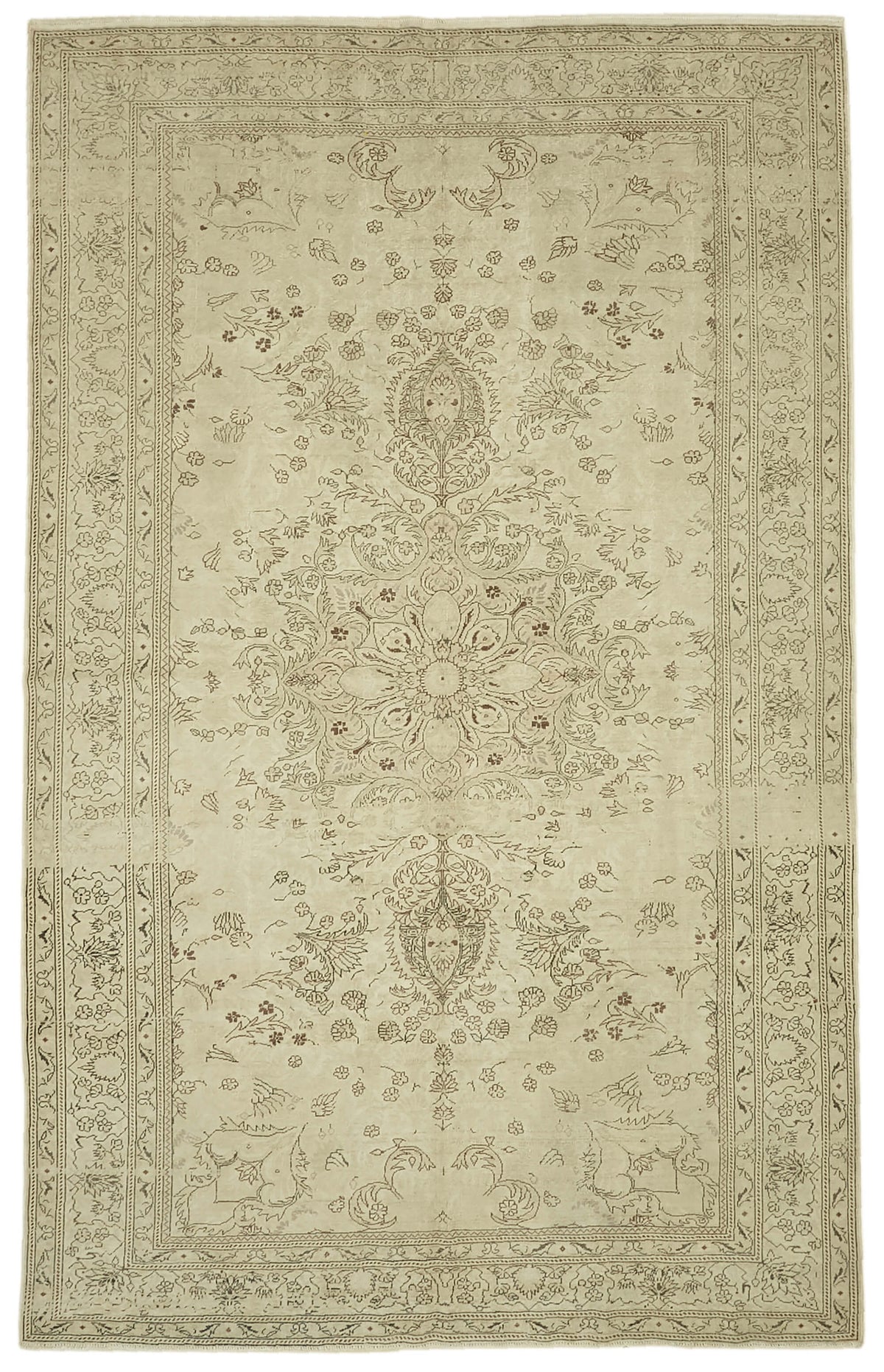 Rusvo Bej ve Kahverengi Çiçekli Yün Vintage Halı 231x369 cm