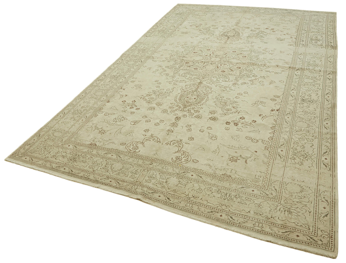 Rusvo Bej ve Kahverengi Çiçekli Yün Vintage Halı 231x369 cm – doku yakın çekim