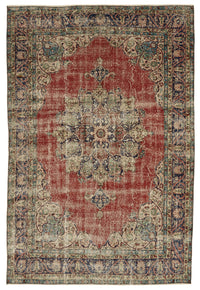 Tinra Madalyon Desenli Eskitme Kırmızı Lacivert Halı 205x297 cm 46330