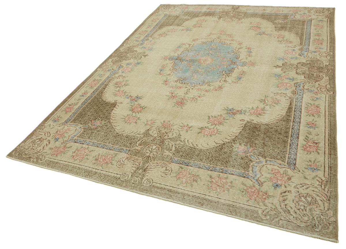 Tinra Madalyon Desenli Bej Kahverengi Vintage Halı 208x304 cm – doku yakın çekim