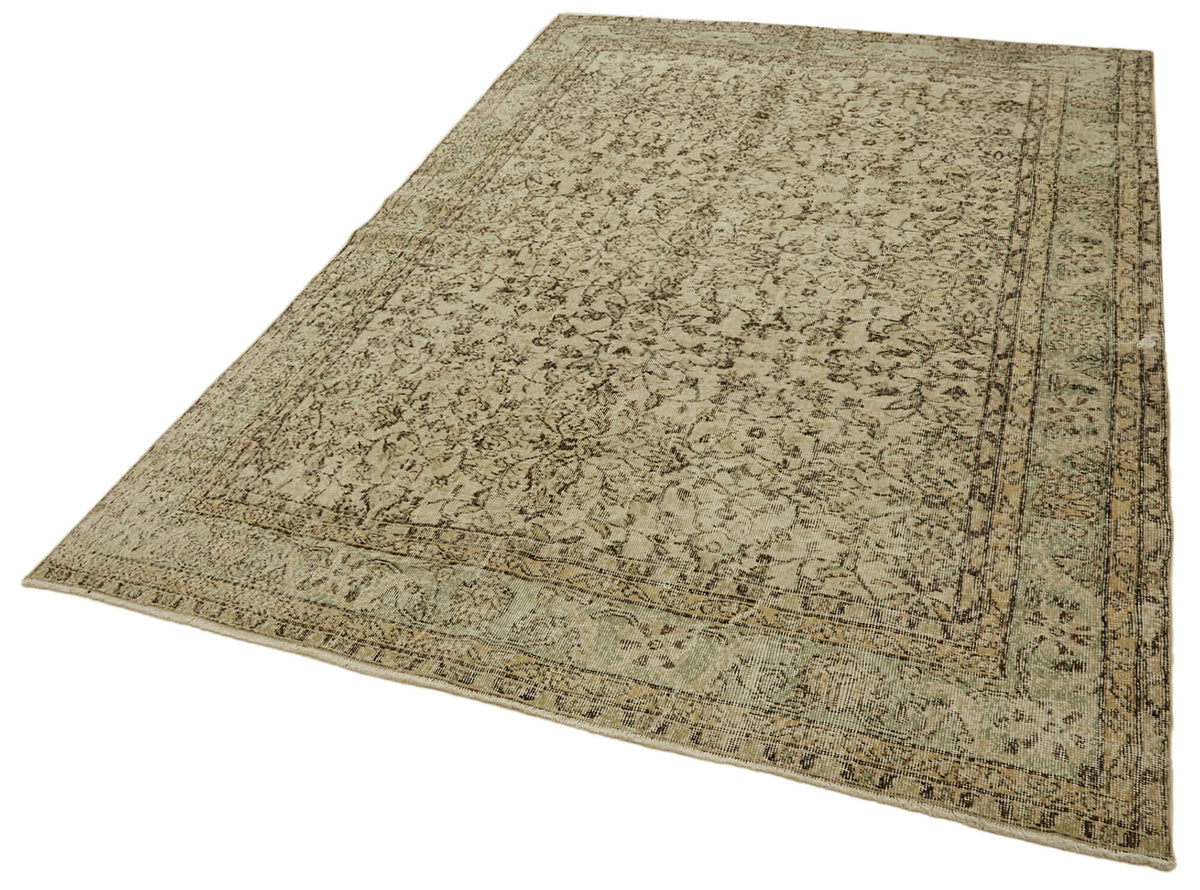 Tinra Bej ve Kahverengi Çiçekli Yün Vintage Halı 205x293 cm – doku yakın çekim