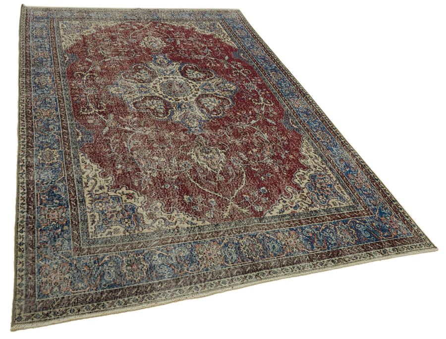 Tinra Bordo Mavi Madalyon Desenli Yün Eskitme Halı 203x303 cm – genel görünüm