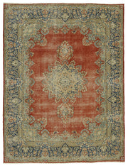 Rusvo Kırmızı Lacivert Madalyon Desenli Vintage El Dokuma Halı 267x361 cm