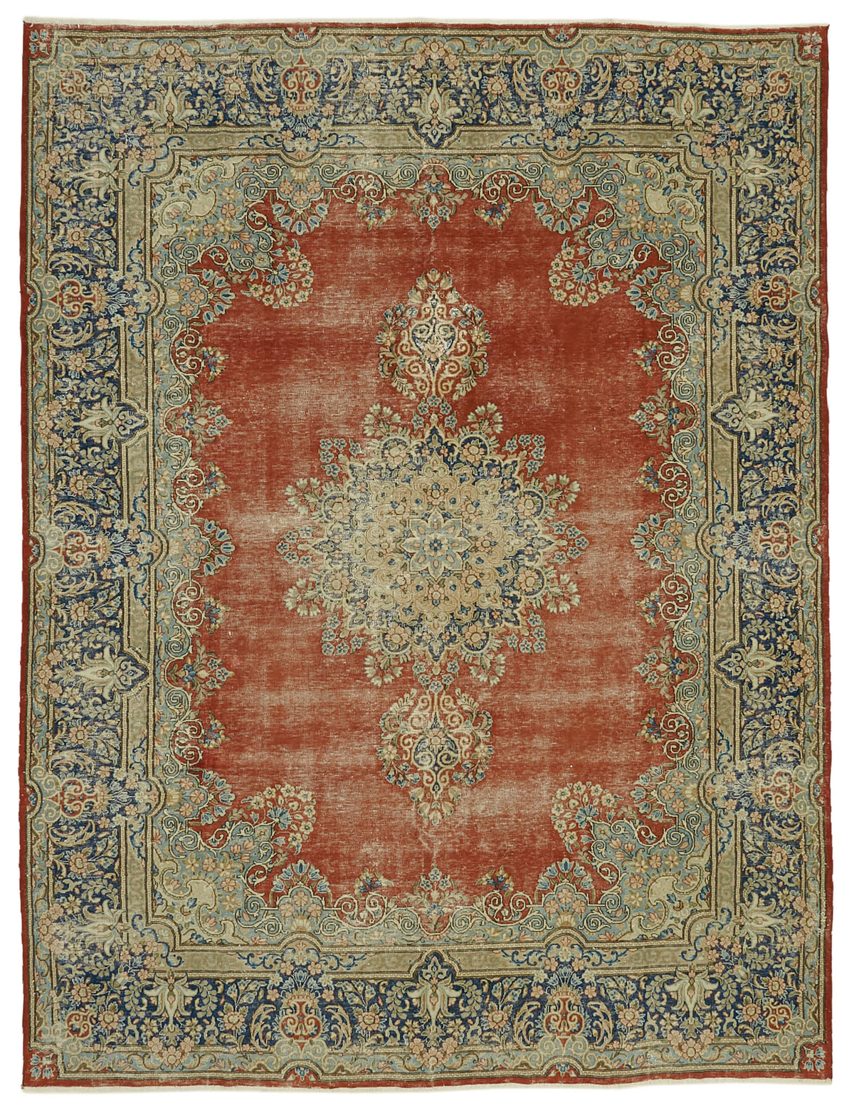 Rusvo Kırmızı Lacivert Madalyon Desenli Vintage El Dokuma Halı 267x361 cm