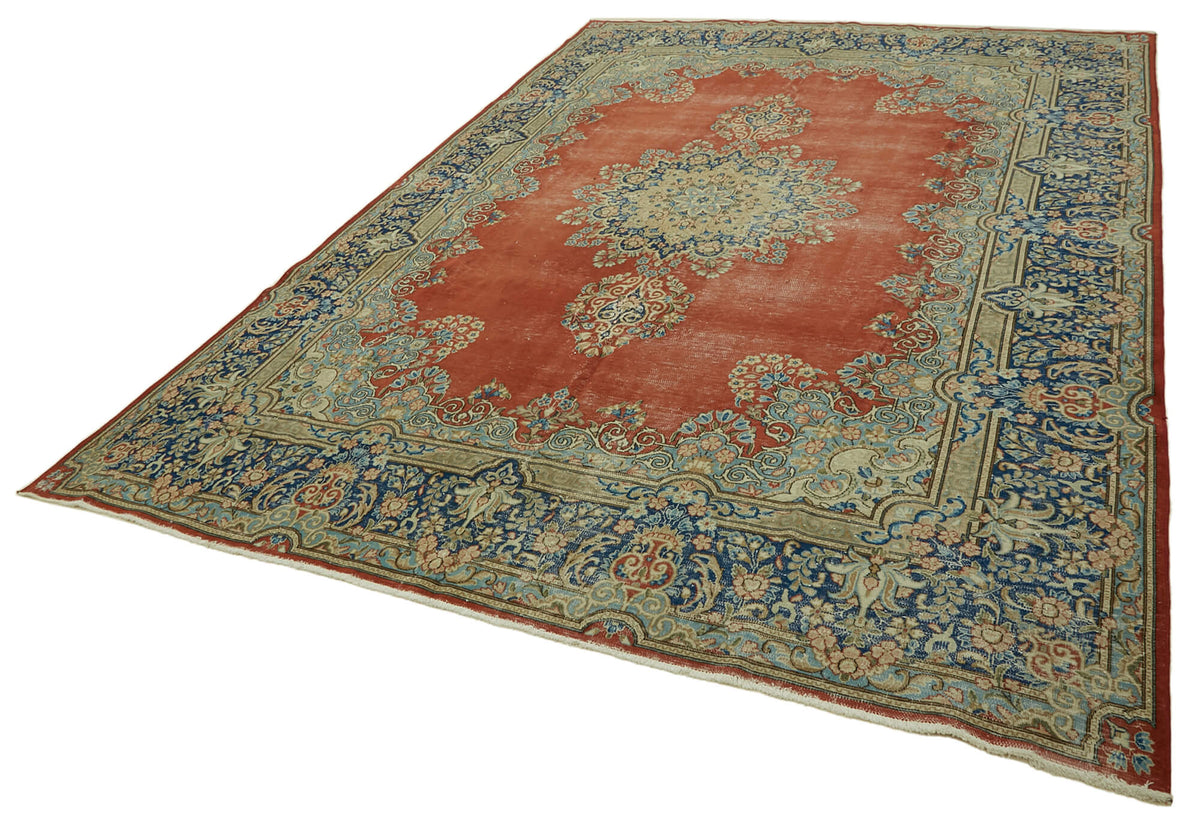 Rusvo Kırmızı Lacivert Madalyon Desenli Vintage El Dokuma Halı 267x361 cm – doku yakın çekim