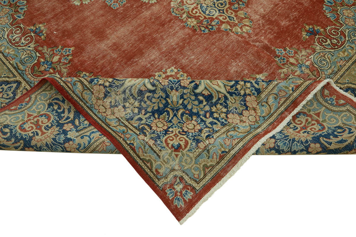 Rusvo Kırmızı Lacivert Madalyon Desenli Vintage El Dokuma Halı 267x361 cm – kenar detayı