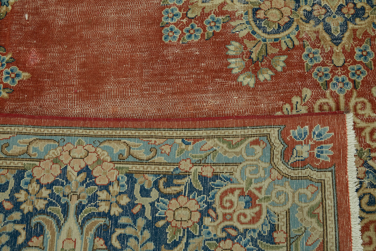 Rusvo Kırmızı Lacivert Madalyon Desenli Vintage El Dokuma Halı 267x361 cm – arka yüz görünümü
