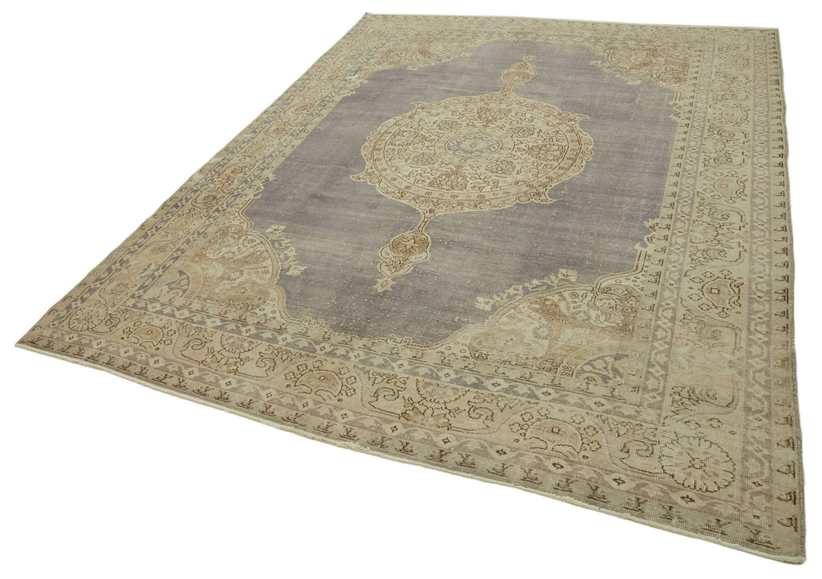 Rusvo Gri Bej Madalyonlu Vintage El Dokuma Halı 247x338 cm – doku yakın çekim