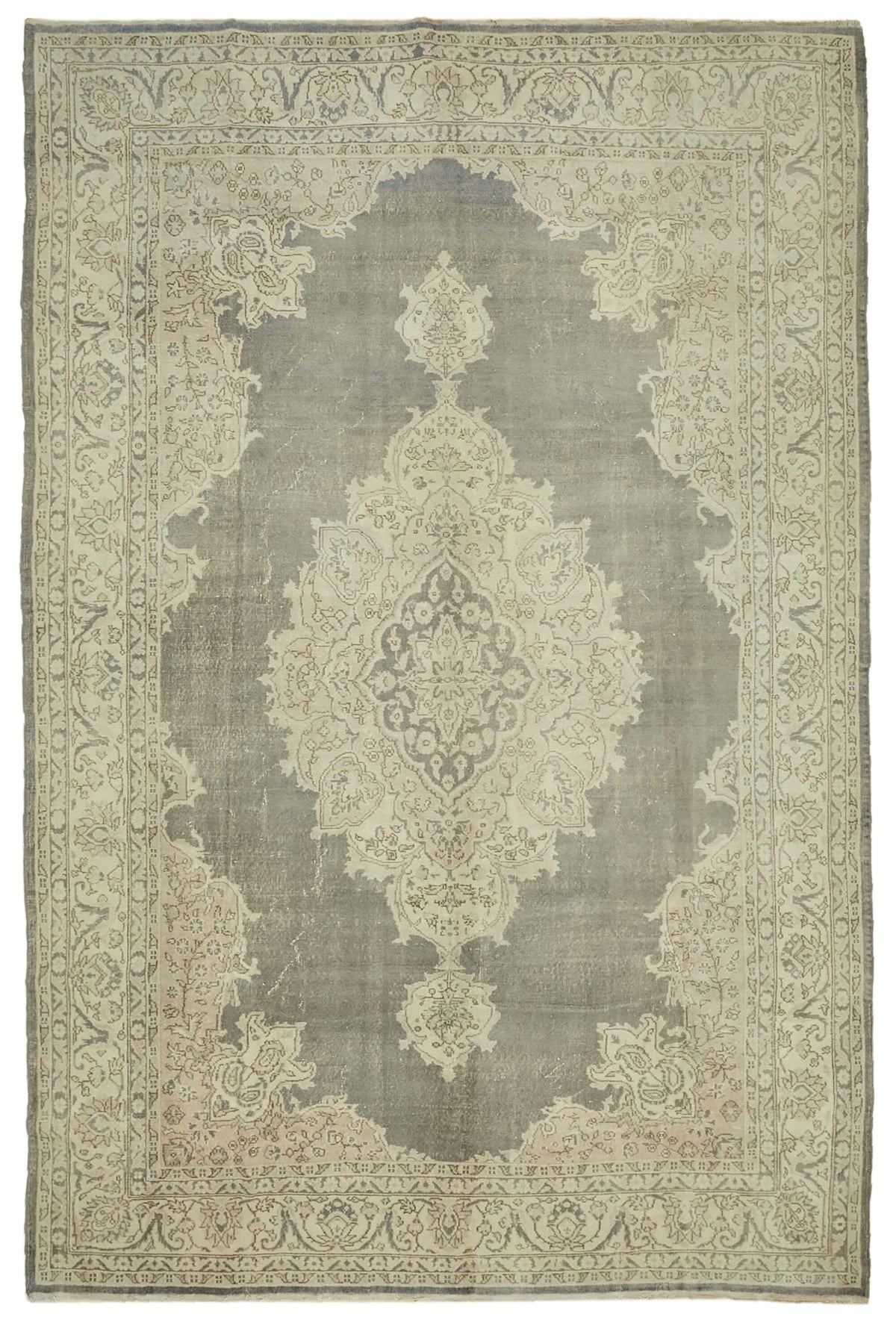 Rusvo Gri Bej Madalyon Desenli Vintage El Dokuma Halı 258x403 cm