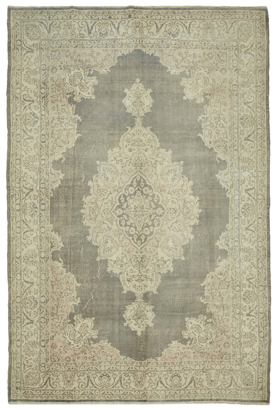 Rusvo Gri Bej Madalyon Desenli Vintage El Dokuma Halı 258x403 cm