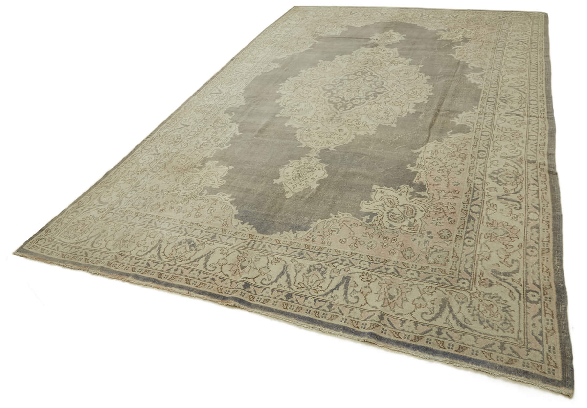 Rusvo Gri Bej Madalyon Desenli Vintage El Dokuma Halı 258x403 cm – doku yakın çekim