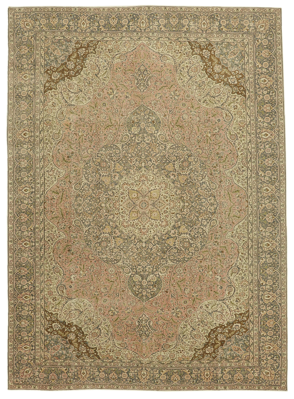 Rusvo Bej Pembe Madalyon Desenli Yün El Dokuma Halı 256x351 cm