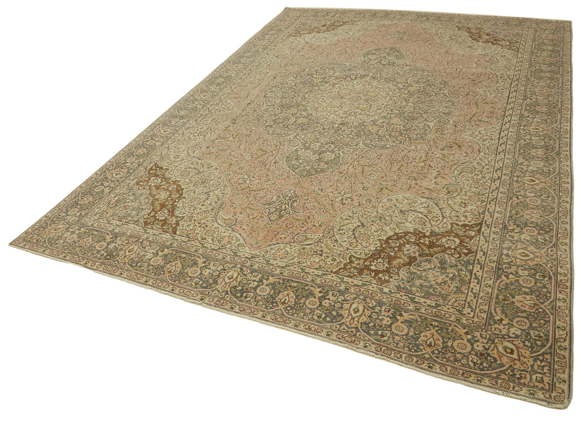 Rusvo Bej Pembe Madalyon Desenli Yün El Dokuma Halı 256x351 cm – doku yakın çekim