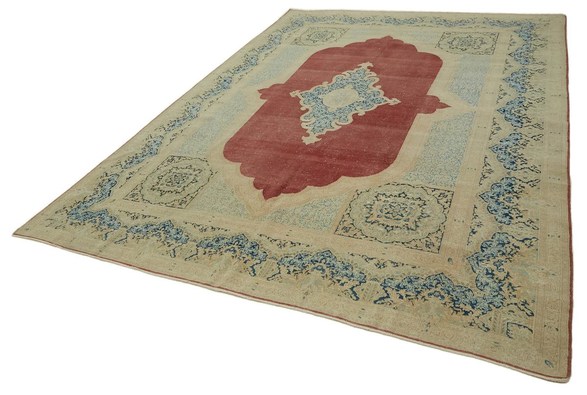 Rusvo Madalyon Desenli Kırmızı Vintage Bej Halı 265x370 cm – doku yakın çekim