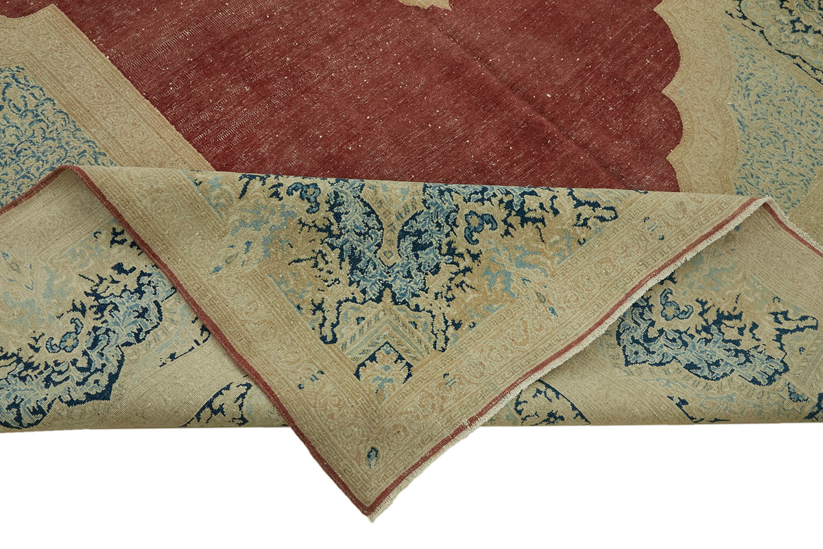 Rusvo Madalyon Desenli Kırmızı Vintage Bej Halı 265x370 cm – kenar detayı
