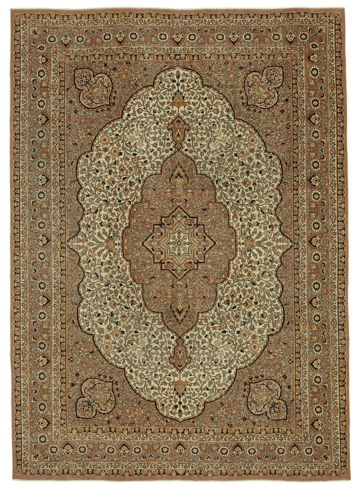 Rusvo El Dokuma Bej Kahverengi Madalyon Desenli Vintage Halı 243x345 cm