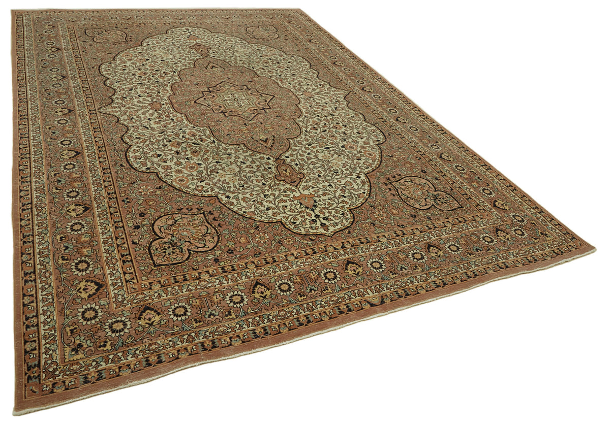 Rusvo El Dokuma Bej Kahverengi Madalyon Desenli Vintage Halı 243x345 cm – genel görünüm
