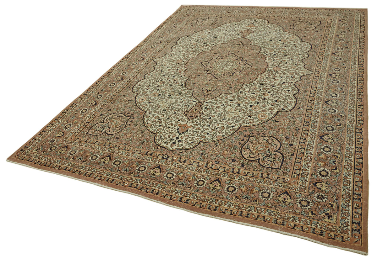 Rusvo El Dokuma Bej Kahverengi Madalyon Desenli Vintage Halı 243x345 cm – doku yakın çekim