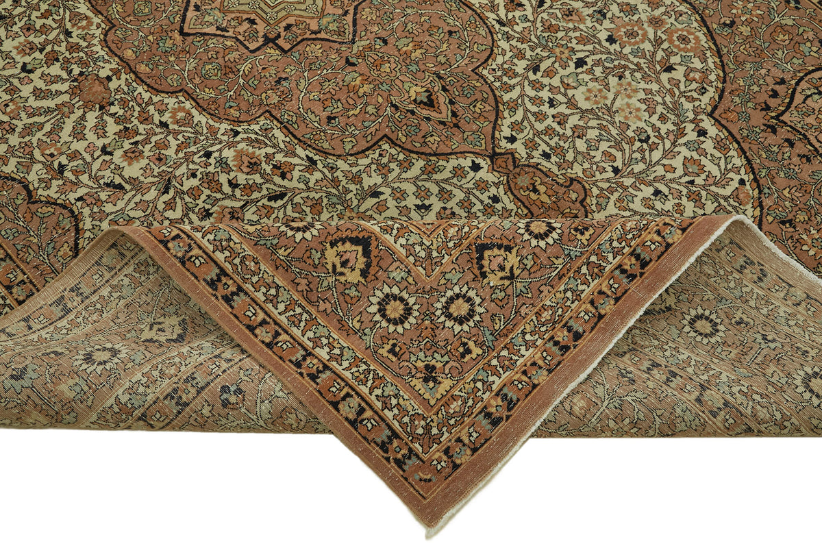 Rusvo El Dokuma Bej Kahverengi Madalyon Desenli Vintage Halı 243x345 cm – kenar detayı