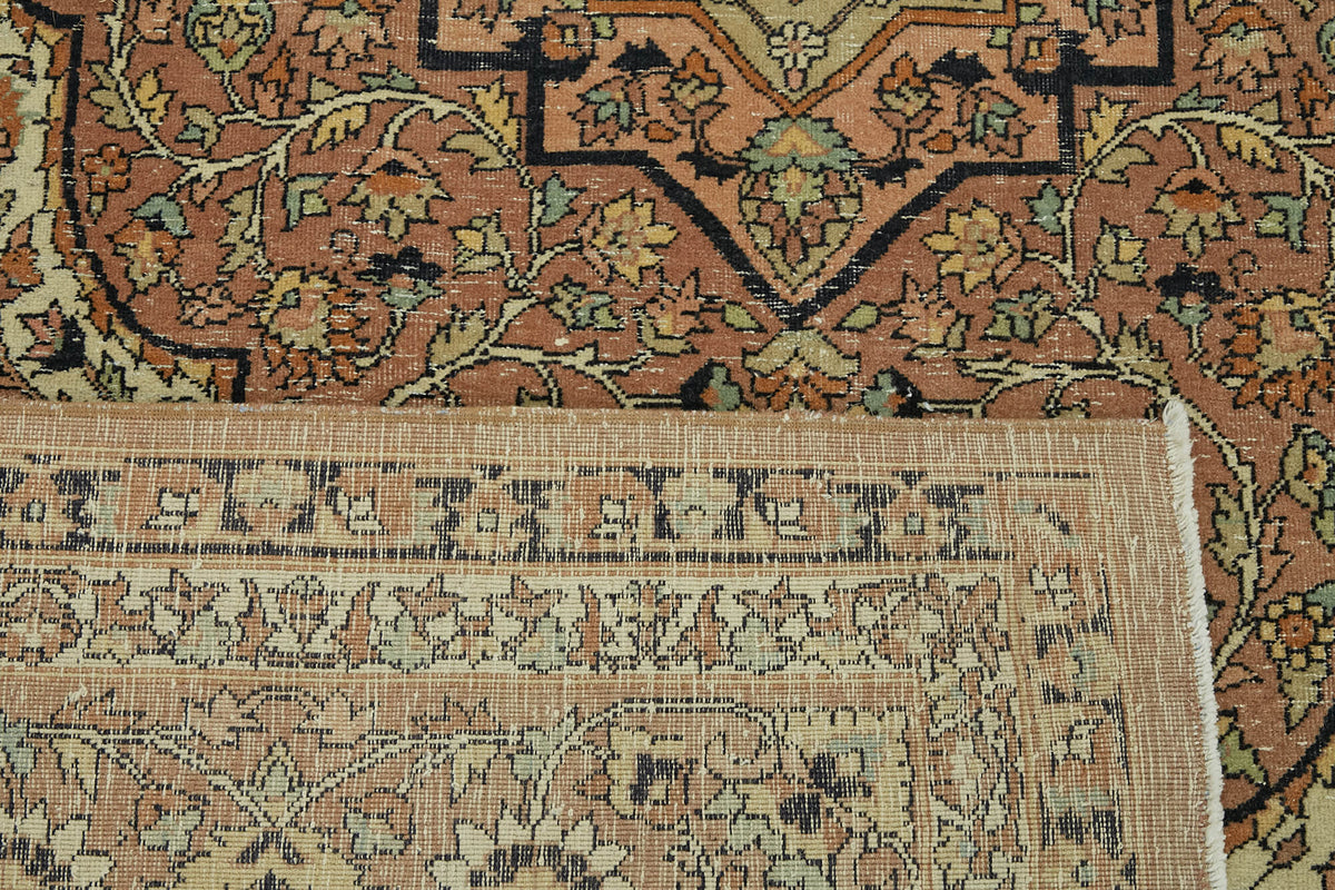 Rusvo El Dokuma Bej Kahverengi Madalyon Desenli Vintage Halı 243x345 cm – arka yüz görünümü