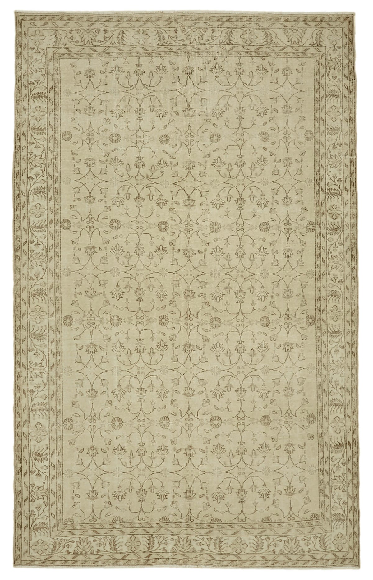 Rusvo Bej Kahverengi Çiçekli Vintage Yün ve Pamuk Halı 218x347 cm