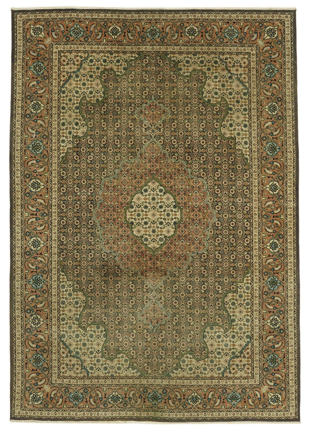 Rusvo Kahverengi ve Yeşil Madalyonlu Yün Vintage Halı 197x280 cm