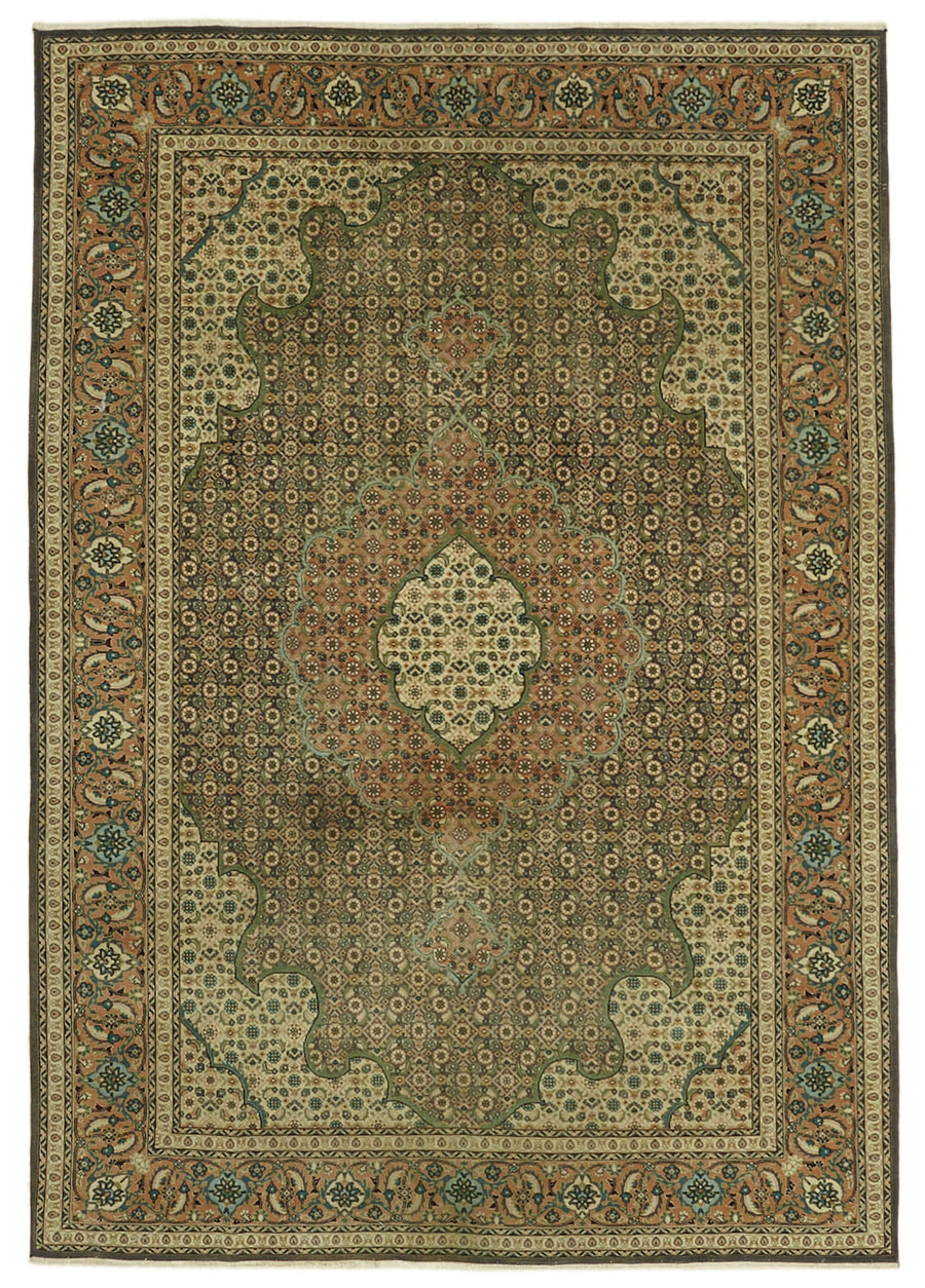 Rusvo Kahverengi ve Yeşil Madalyonlu Yün Vintage Halı 197x280 cm