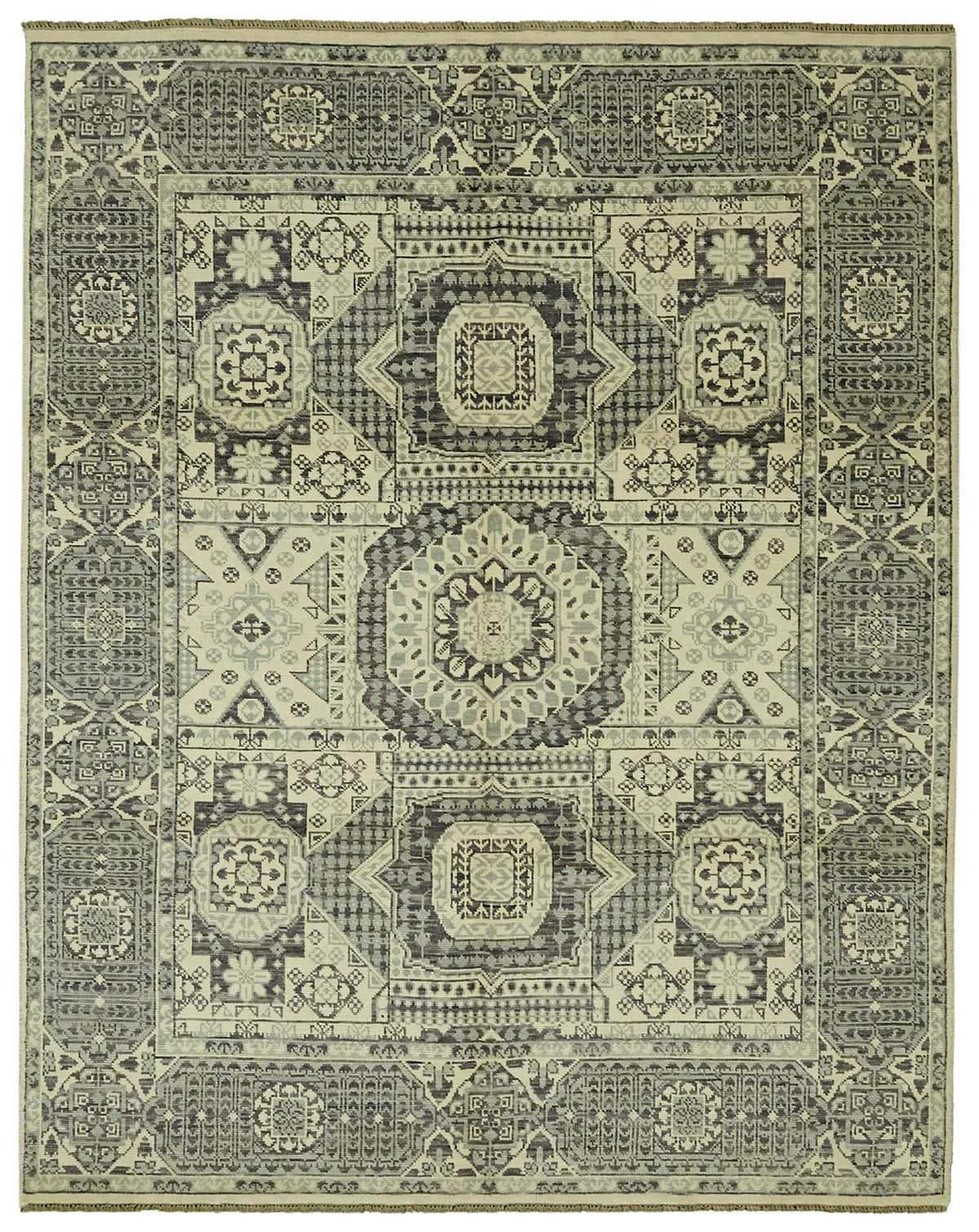 Nivro Bej Gri Geometrik Desenli Pamuk Yün El Dokuma Halı 245x310 cm