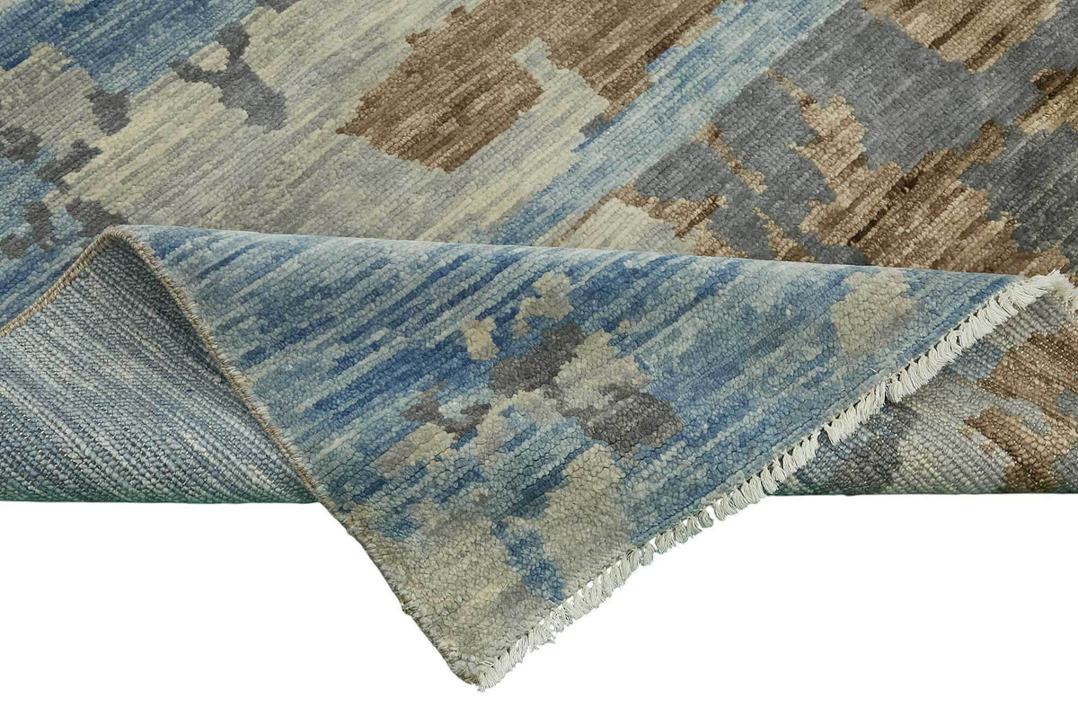 Nivro Gri Mavi Soyut Desenli Modern El Dokuma Halı 273x350 cm – kenar detayı