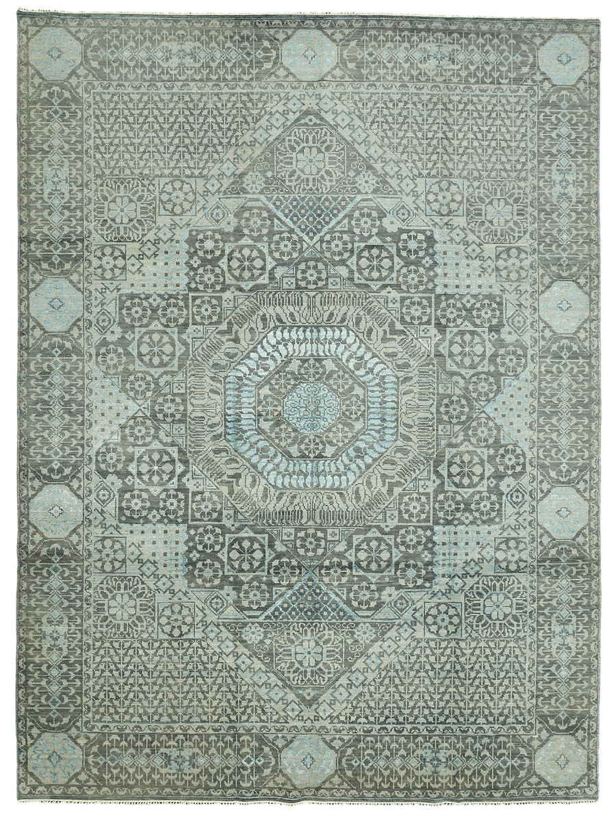 Nivro Gri Mavi Geometrik Desenli Yün Pamuk El Dokuma Halı 278x373 cm