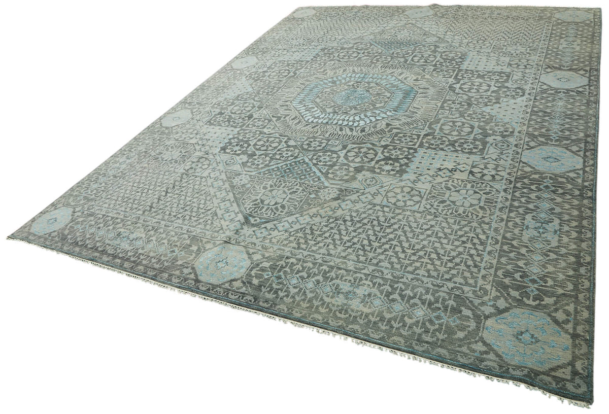 Nivro Gri Mavi Geometrik Desenli Yün Pamuk El Dokuma Halı 278x373 cm – doku yakın çekim