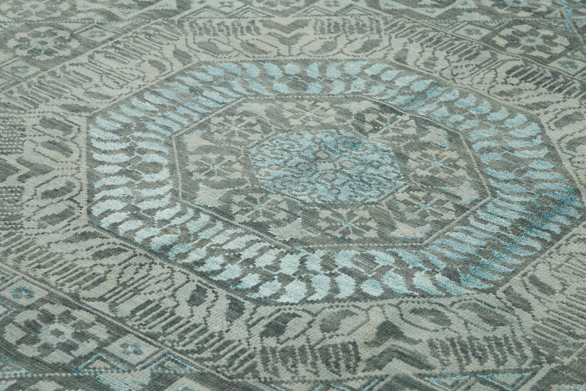 Nivro Gri Mavi Geometrik Desenli Yün Pamuk El Dokuma Halı 278x373 cm – mekânda kullanım
