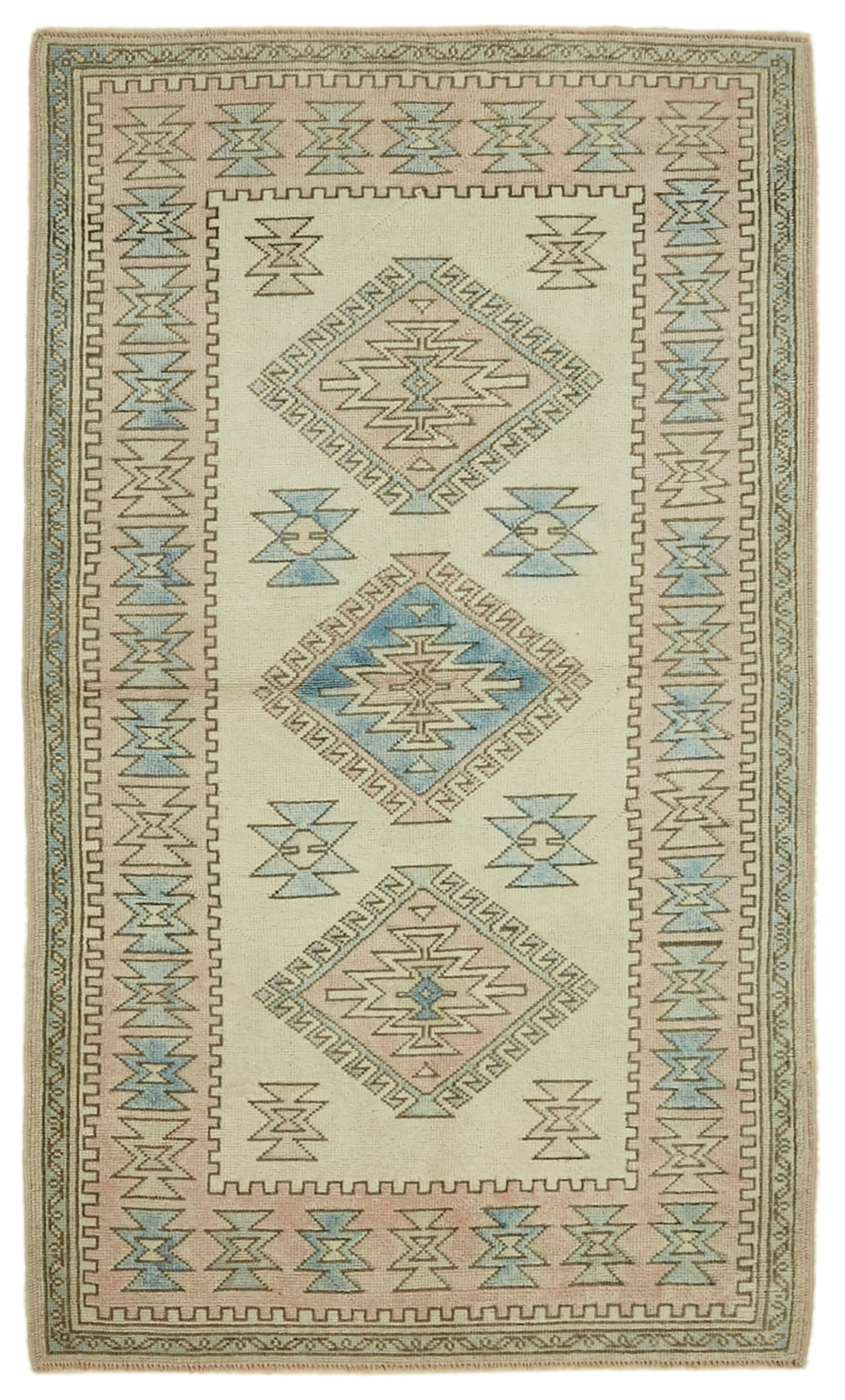 Gekro Krem Pembe Geometrik Desenli Pamuk Yün El Dokuma Halı 122x210 cm