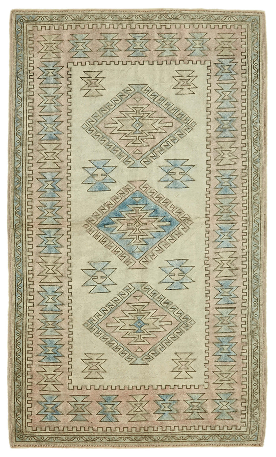 Gekro Krem Pembe Geometrik Desenli Pamuk Yün El Dokuma Halı 122x210 cm