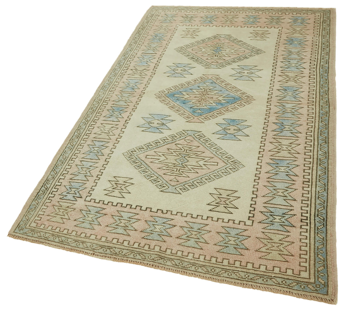 Gekro Krem Pembe Geometrik Desenli Pamuk Yün El Dokuma Halı 122x210 cm – doku yakın çekim