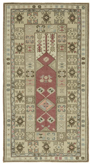 Gekro Bej Kırmızı Geometrik Desenli Yün El Dokuma Halı 123x229 cm