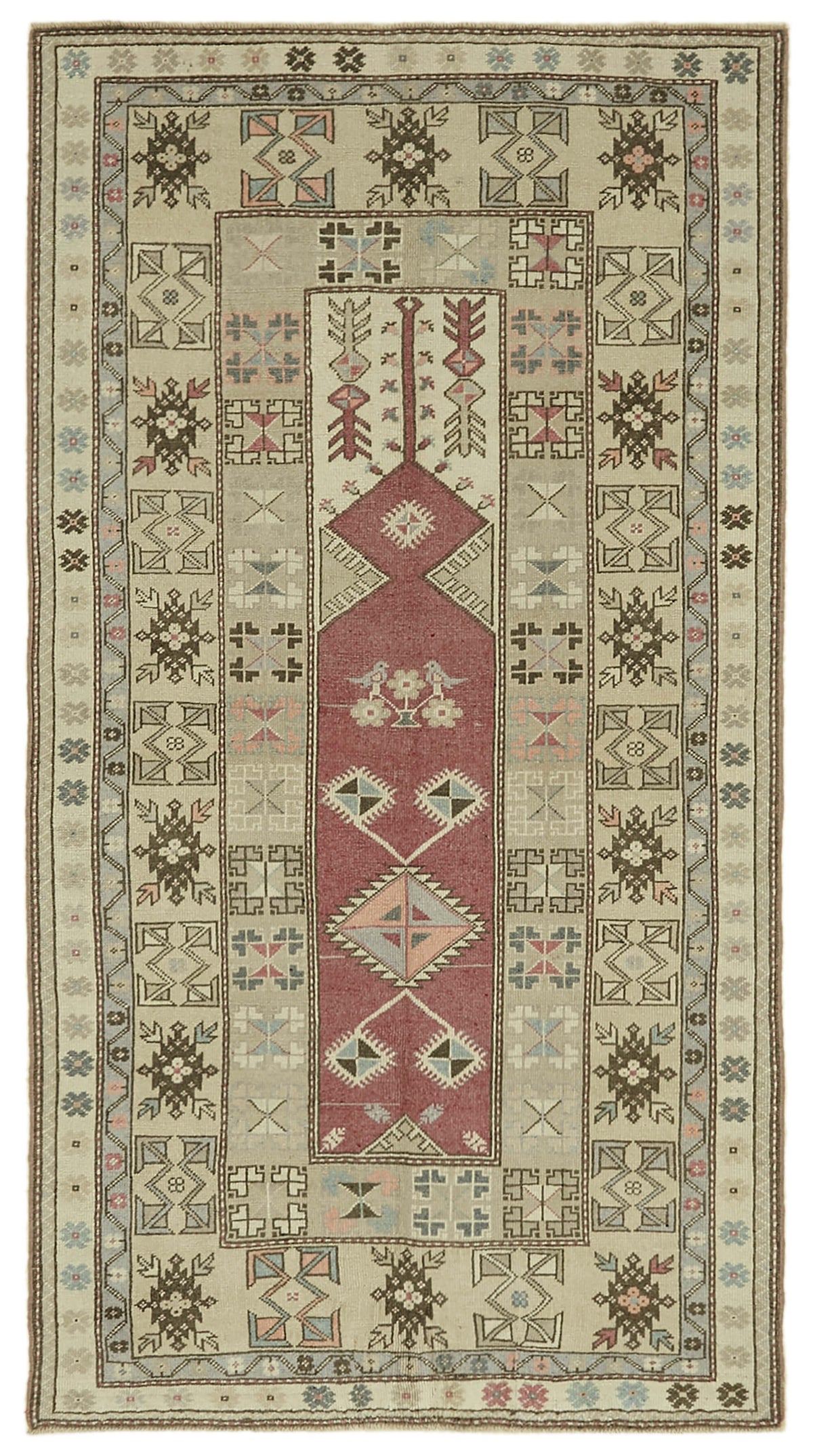 Gekro Bej Kırmızı Geometrik Desenli Yün El Dokuma Halı 123x229 cm