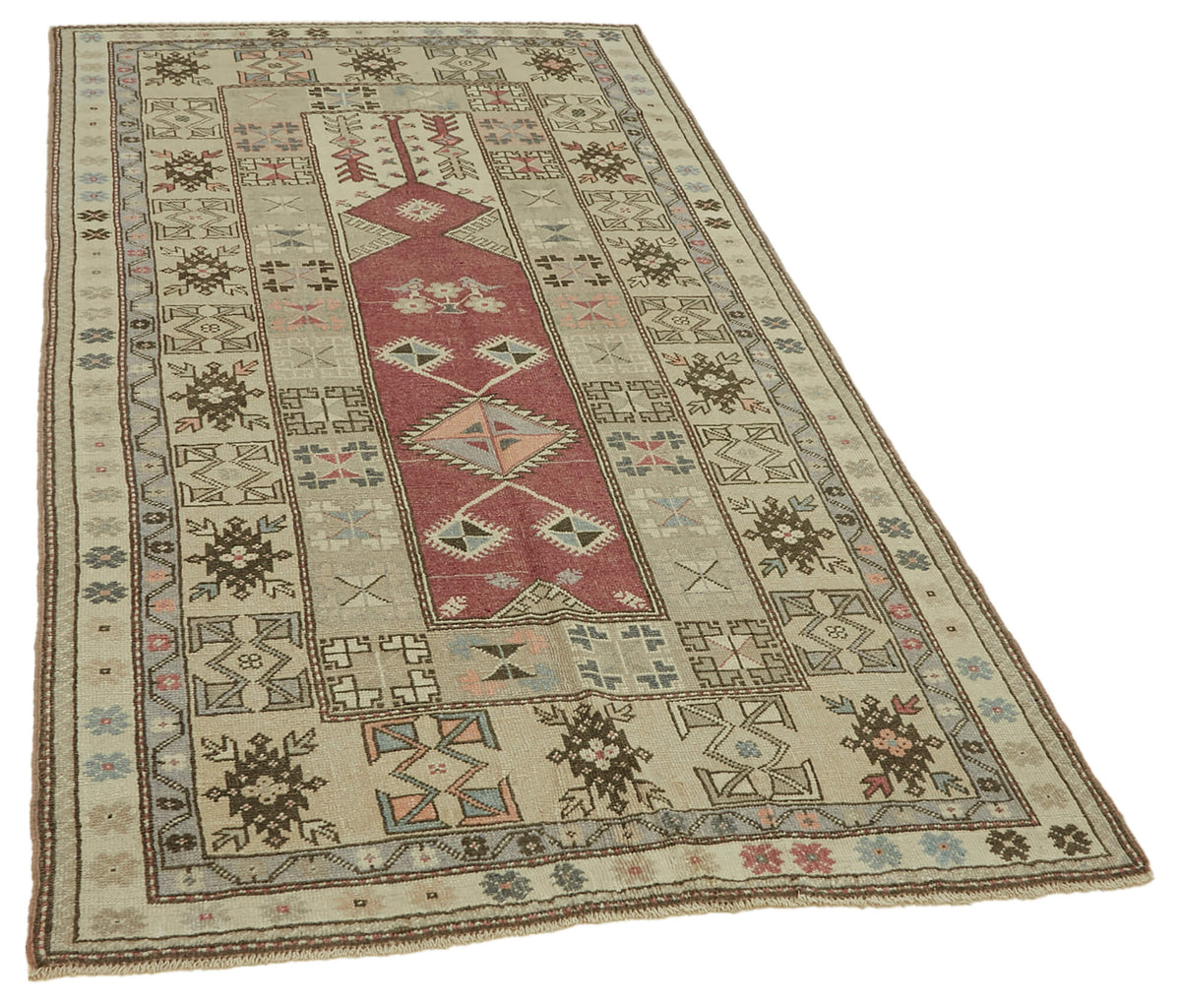 Gekro Bej Kırmızı Geometrik Desenli Yün El Dokuma Halı 123x229 cm – genel görünüm