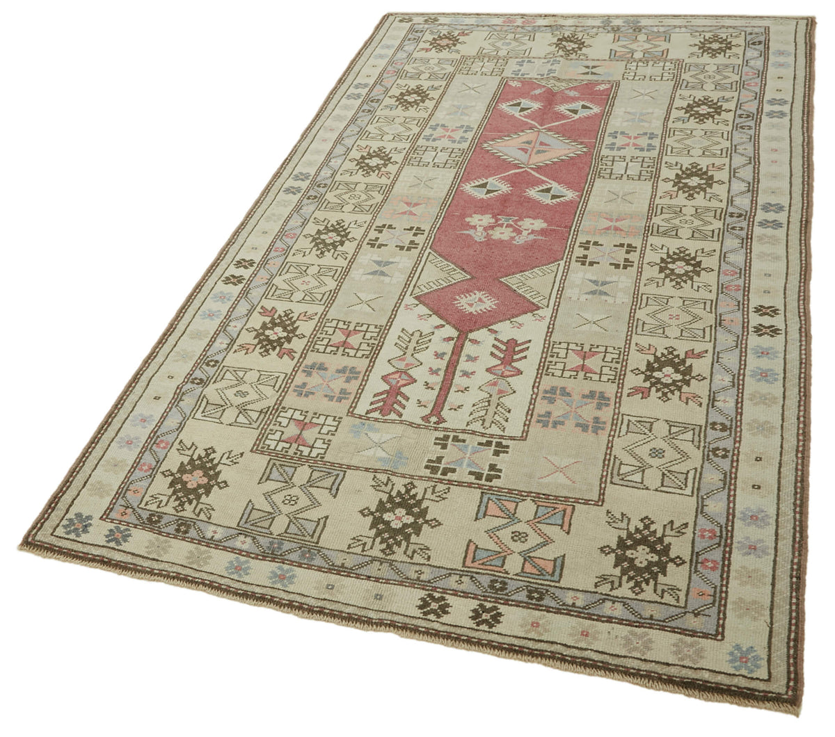Gekro Bej Kırmızı Geometrik Desenli Yün El Dokuma Halı 123x229 cm – doku yakın çekim