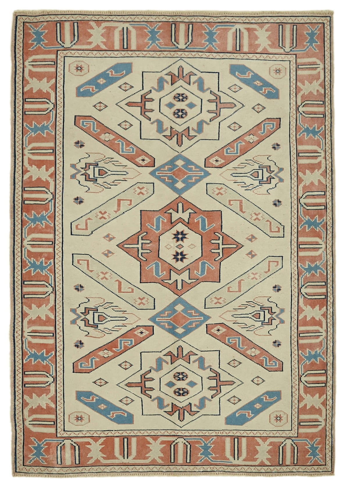 Gekro Krem Kırmızı Geometrik Etnik El Dokuma Halı 127x188 cm